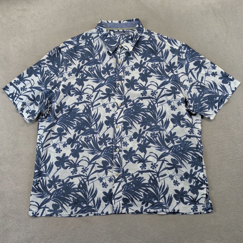 Nautica Shirt Mens XXL Blue Floral Tropical Palm Linen Blend Short Sleeve Button